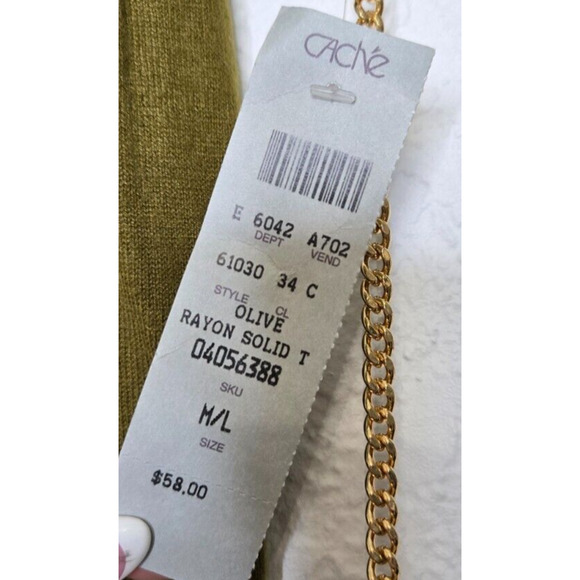 Cache Y2K Cardigan Vest M/L Olive Green Wool Slouchy Open Chain Back Sweater Top - Picture 4 of 9